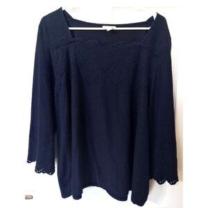 J.Jill Women's XL Petite Long Sleeve Navy Eyelet Edged Square Neck Top